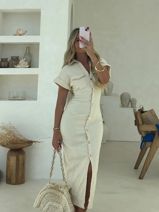 White Sleeveless Collared Denim Maxi Dress