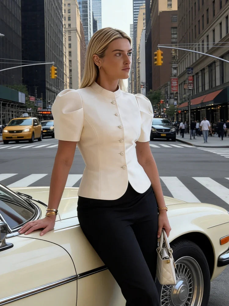 Satin Solid Round Neck Puffer Short Sleeve Button-up Blouse