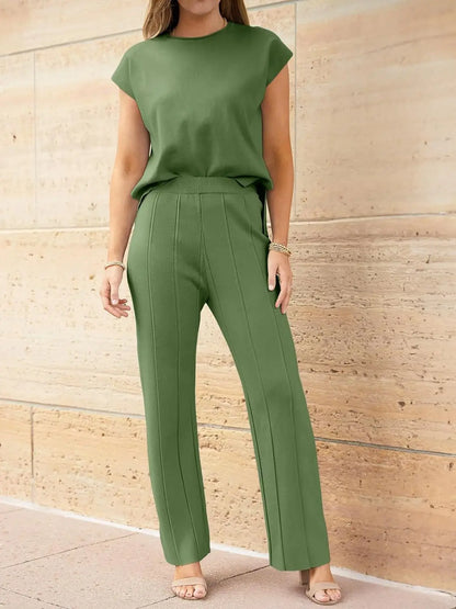 Knitted Two Piece Sleeveless Round Neck Top with High Wasted Wide Leg Pants