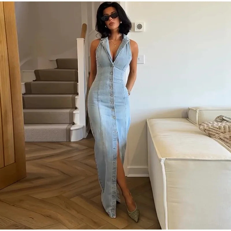 Sleeveless Denim Collared Maxi Dress