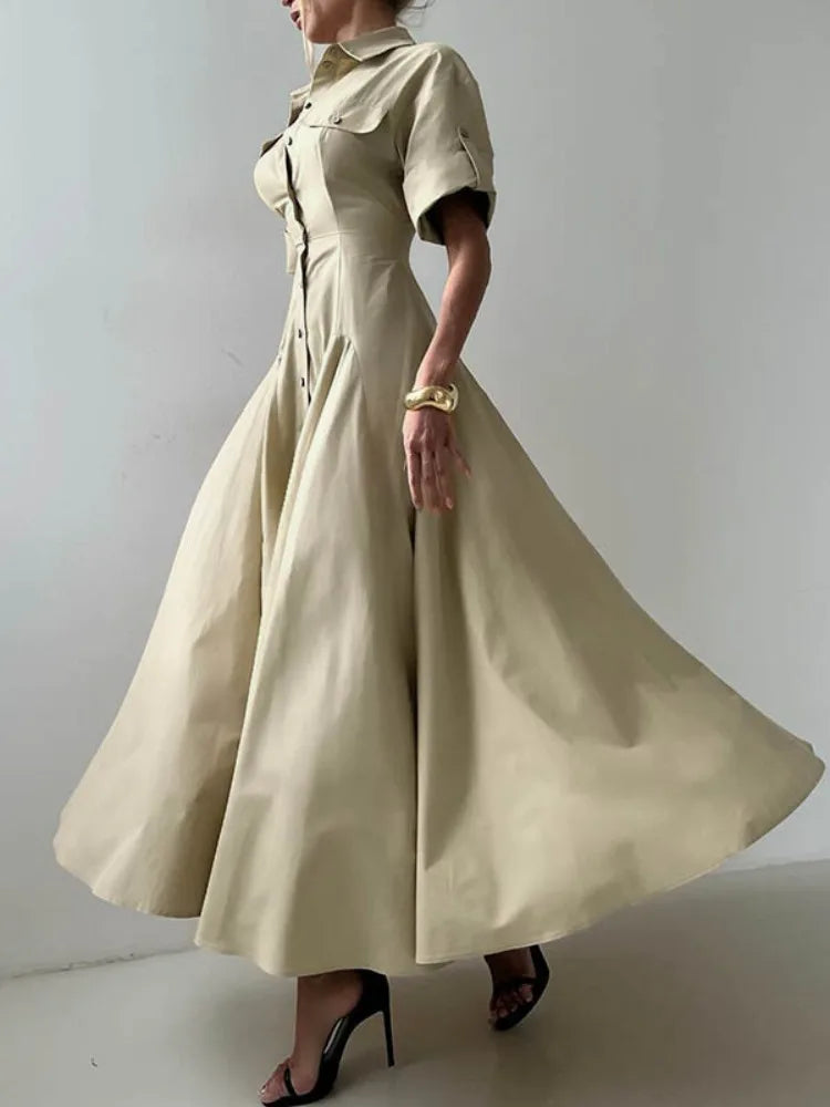 Slim Waist A-line Pleated Button-up Dress