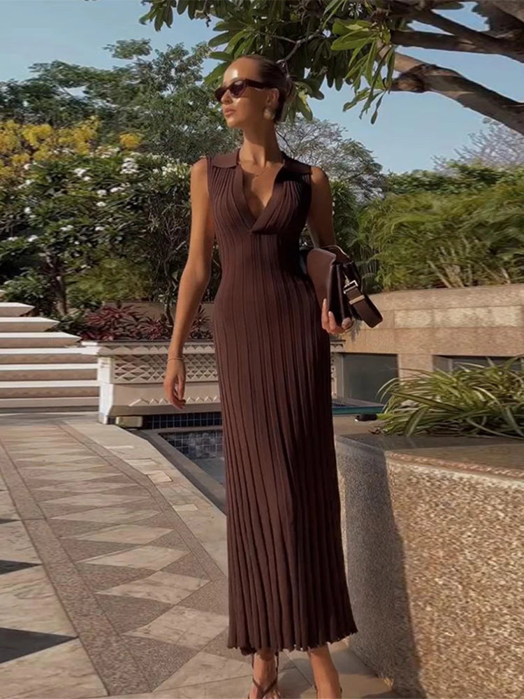 Elegant Knitted Pleated Polo Neck A-line Evening Dress