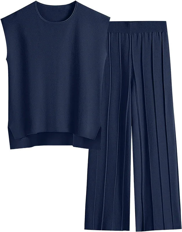 Knitted Two Piece Sleeveless Round Neck Top with High Wasted Wide Leg Pants
