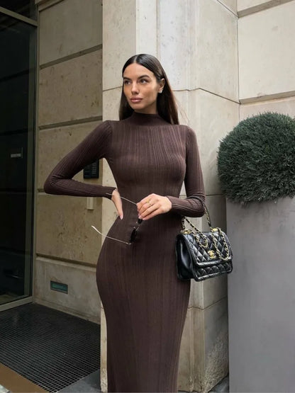 Slim Long-Sleeved Striped Turtleneck Knitted Dress