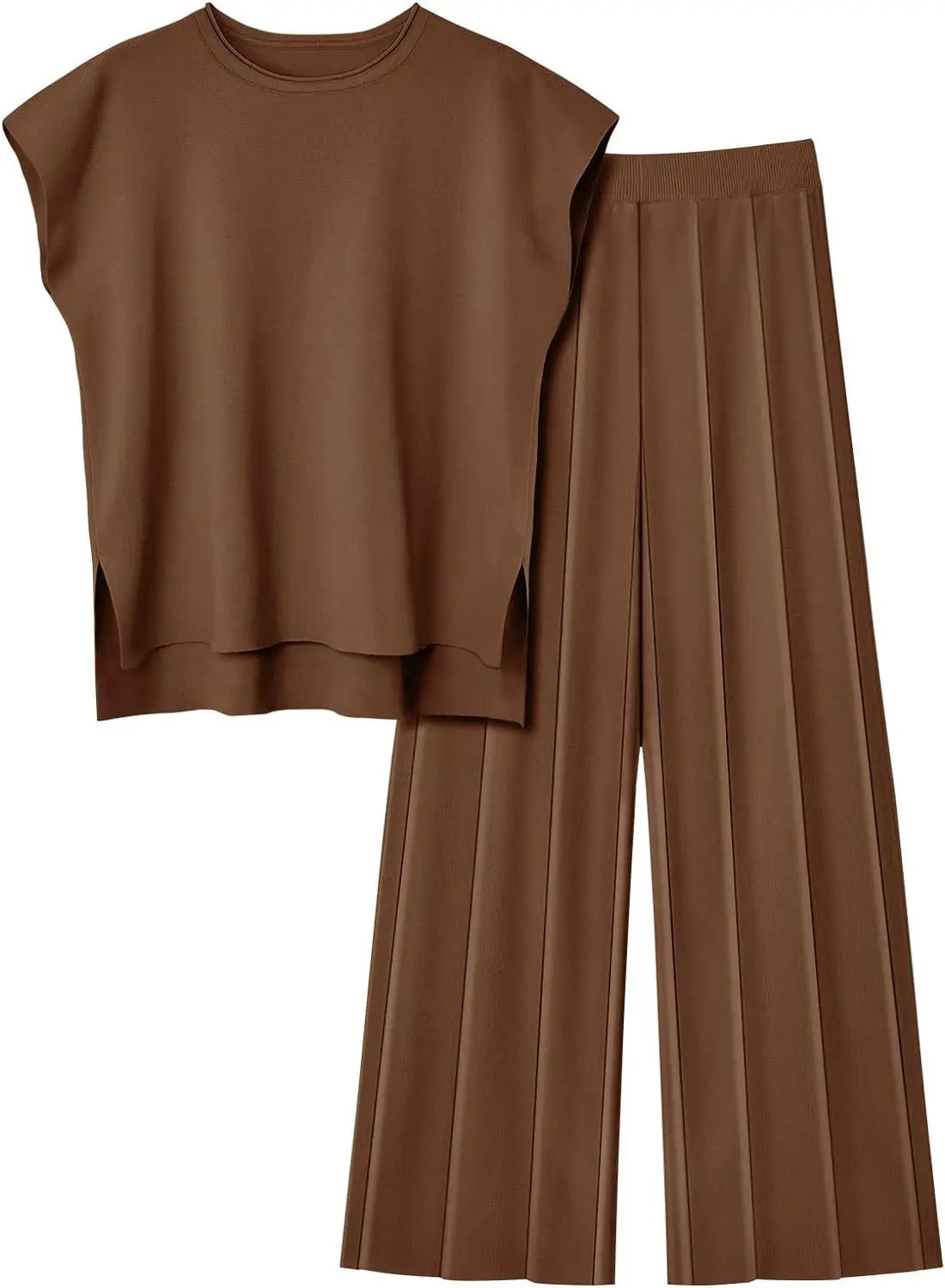 Knitted Two Piece Sleeveless Round Neck Top with High Wasted Wide Leg Pants