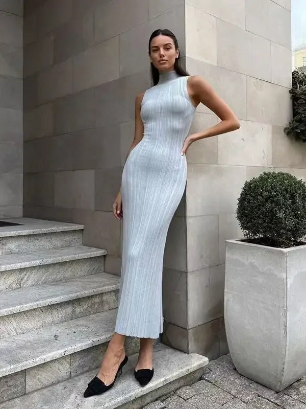 Sleeveless Ribbed Knit Turtleneck Maxi Dress