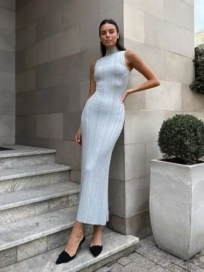 Sleeveless Ribbed Knit Turtleneck Maxi Dress