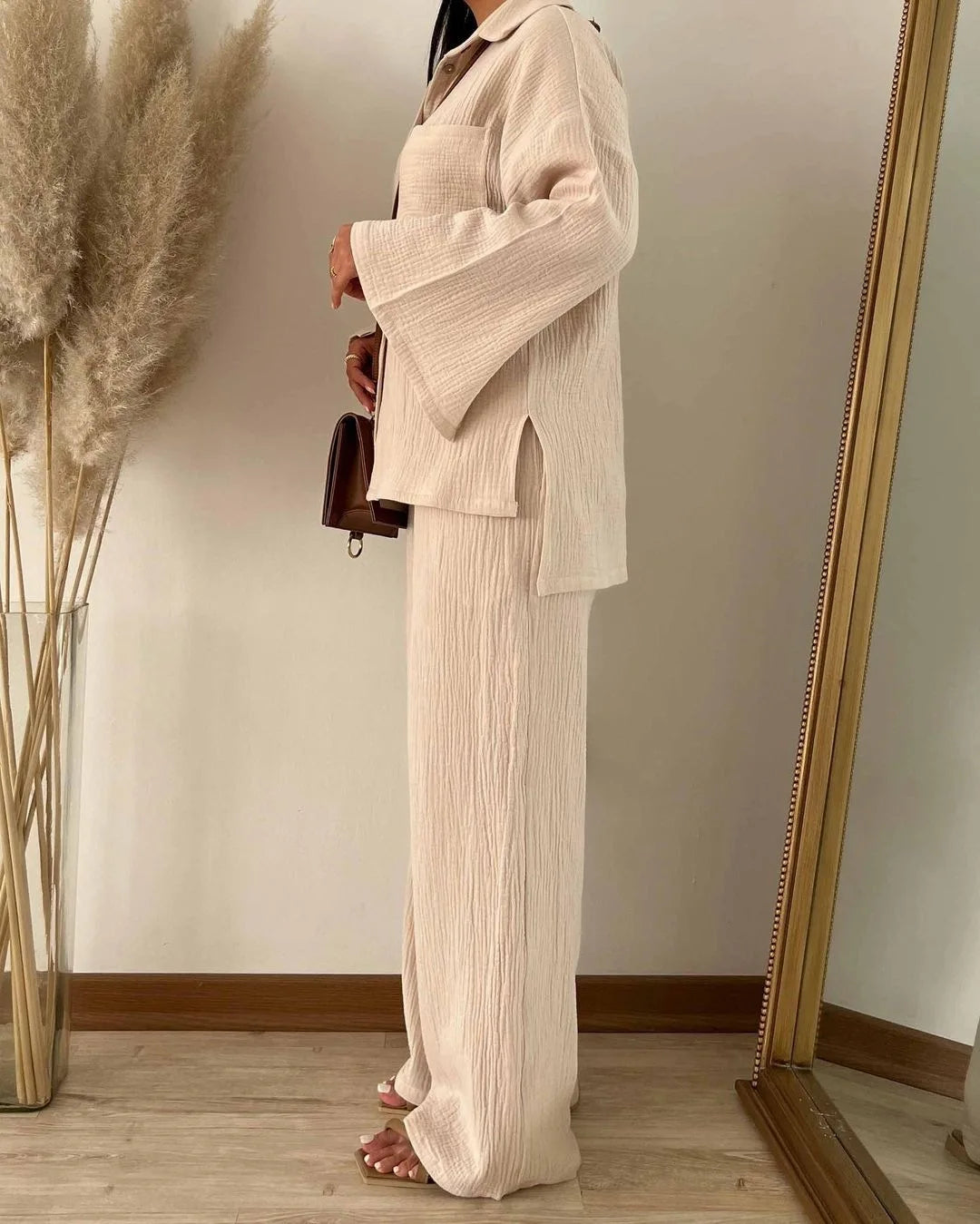 Two Piece Set with Pocket Shirt and Wide Leg Pants