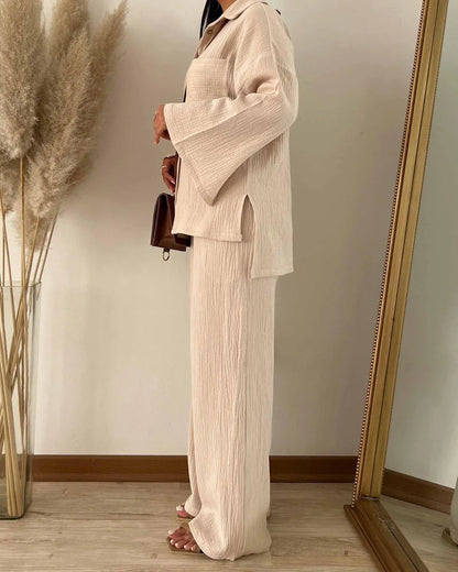Two Piece Set with Pocket Shirt and Wide Leg Pants
