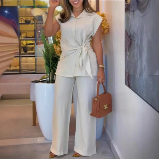 Elegant Short-sleeved Single Breasted Pants Set