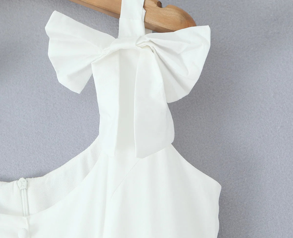 White Bow Strap Sleeveless Dress