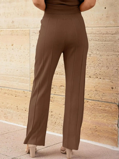 Knitted Two Piece Sleeveless Round Neck Top with High Wasted Wide Leg Pants