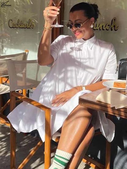 White Turn-Down Collar Half Sleeve Button Dress