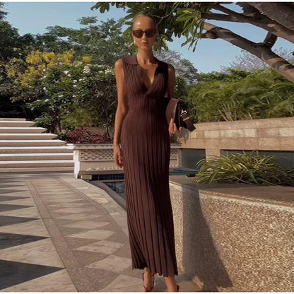 Elegant Knitted Pleated Polo Neck A-line Evening Dress