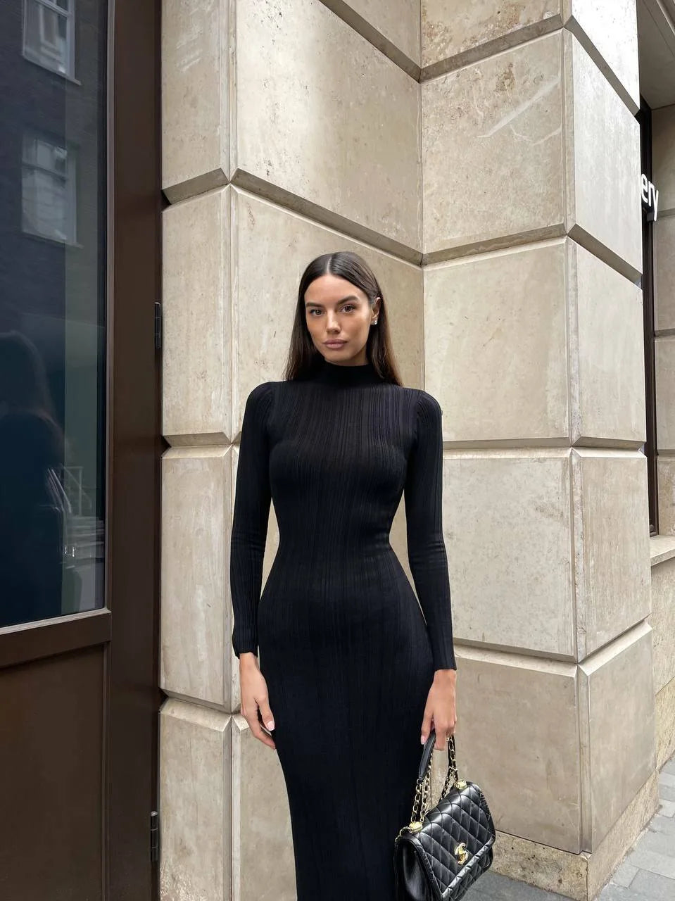 Slim Long-Sleeved Striped Turtleneck Knitted Dress