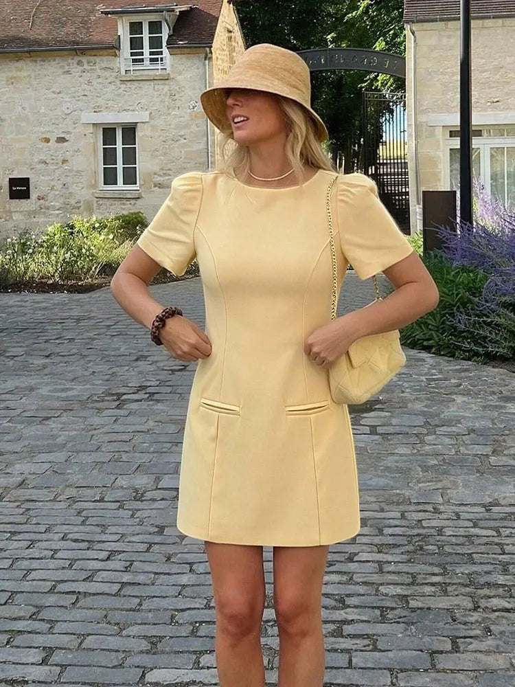 Elegant Solid Color Puff Sleeve Dress
