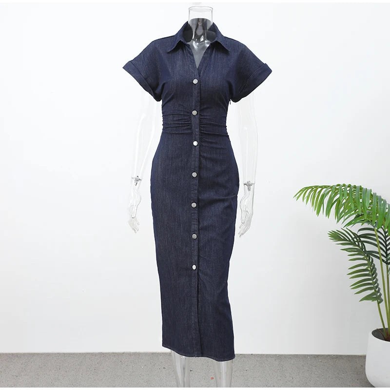 White Sleeveless Collared Denim Maxi Dress
