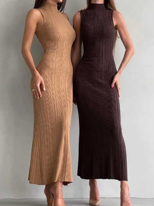 Sleeveless Ribbed Knit Turtleneck Maxi Dress
