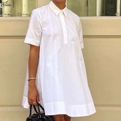 White Turn-Down Collar Half Sleeve Button Dress
