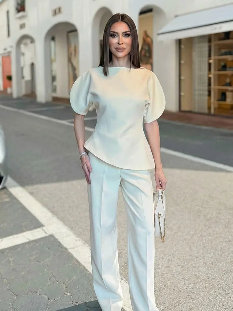 Elegant Asymmetrical Hem Solid Puff Sleeve Blouse