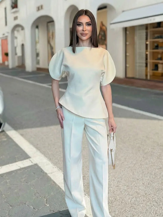 Elegant Asymmetrical Hem Solid Puff Sleeve Blouse