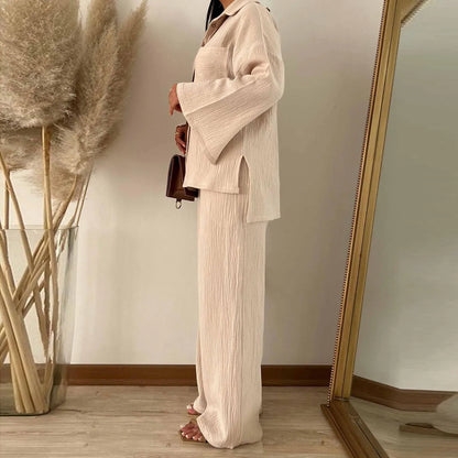 Two Piece Set with Pocket Shirt and Wide Leg Pants