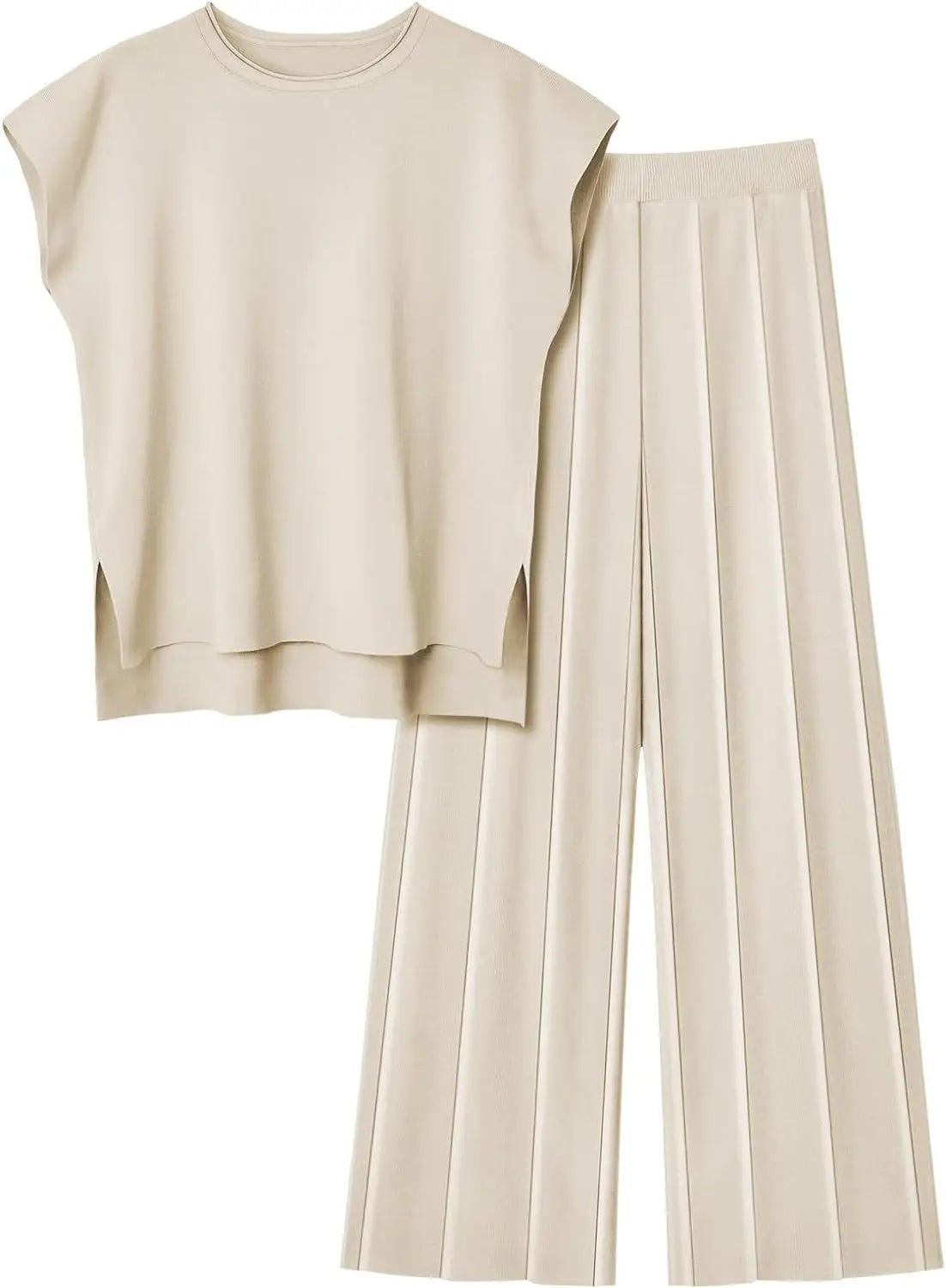 Knitted Two Piece Sleeveless Round Neck Top with High Wasted Wide Leg Pants