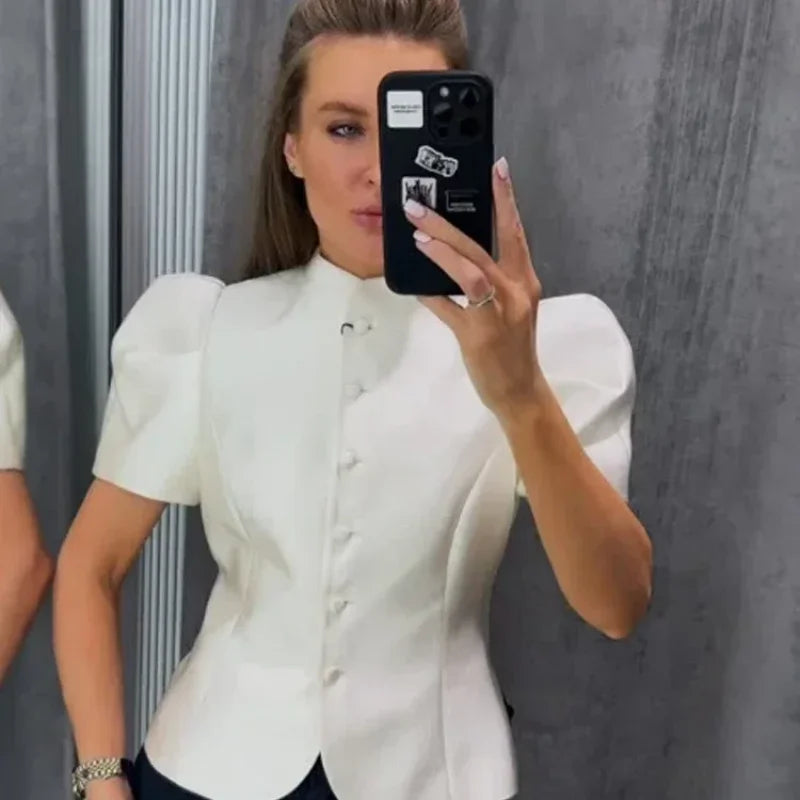 Satin Solid Round Neck Puffer Short Sleeve Button-up Blouse