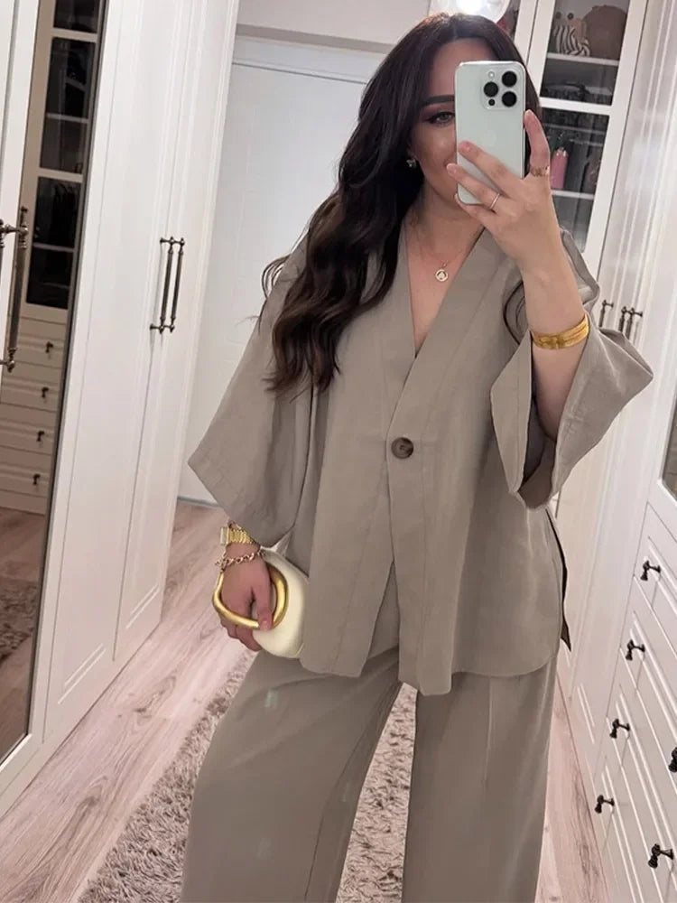 Women Loose Cotton Linen One Button Half Sleeve V-Neck Top & Pants Two-Piece Set