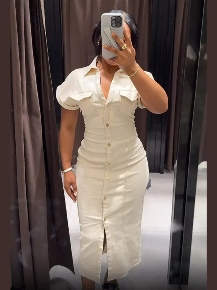 White Sleeveless Collared Denim Maxi Dress