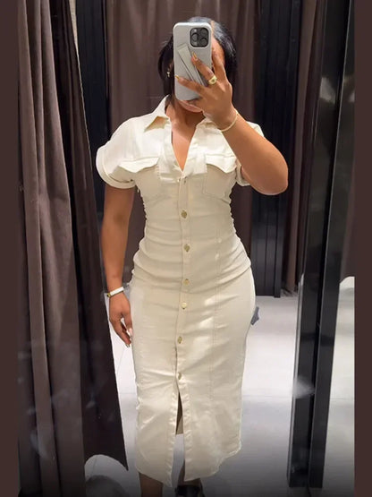 White Sleeveless Collared Denim Maxi Dress