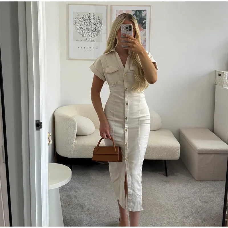 White Sleeveless Collared Denim Maxi Dress
