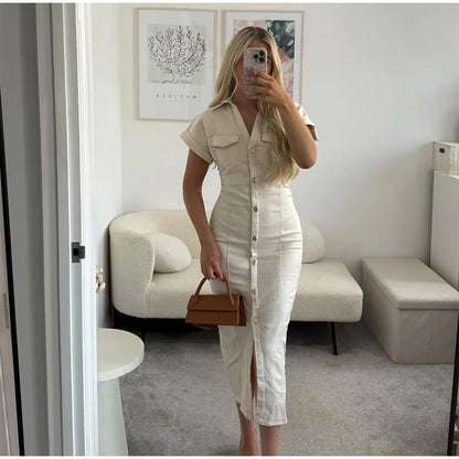 White Sleeveless Collared Denim Maxi Dress