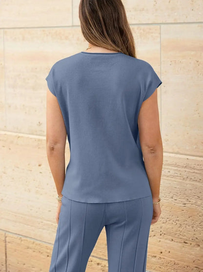 Knitted Two Piece Sleeveless Round Neck Top with High Wasted Wide Leg Pants