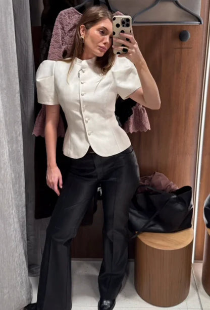 Satin Solid Round Neck Puffer Short Sleeve Button-up Blouse