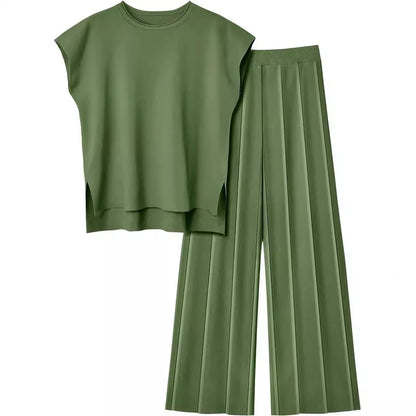 Knitted Two Piece Sleeveless Round Neck Top with High Wasted Wide Leg Pants