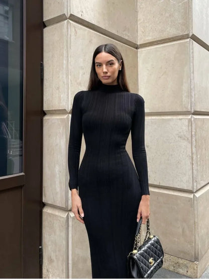 Slim Long-Sleeved Striped Turtleneck Knitted Dress