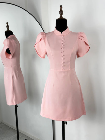 Elegant Stand Collar Puff Sleeves High Waist Dress