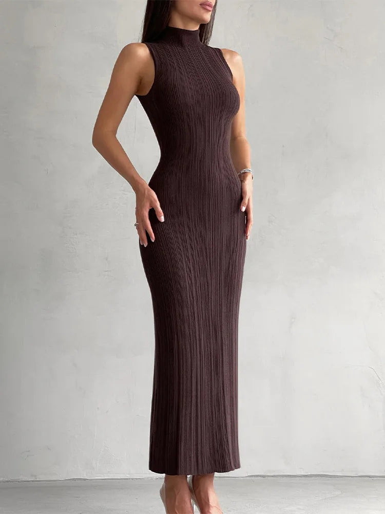 Sleeveless Ribbed Knit Turtleneck Maxi Dress