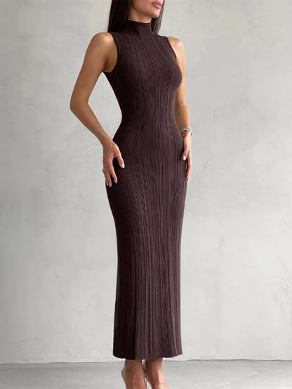 Sleeveless Ribbed Knit Turtleneck Maxi Dress