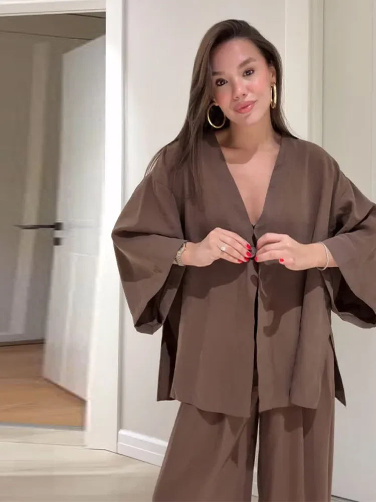 Women Loose Cotton Linen One Button Half Sleeve V-Neck Top & Pants Two-Piece Set
