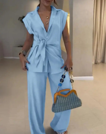 Elegant Short-sleeved Single Breasted Pants Set
