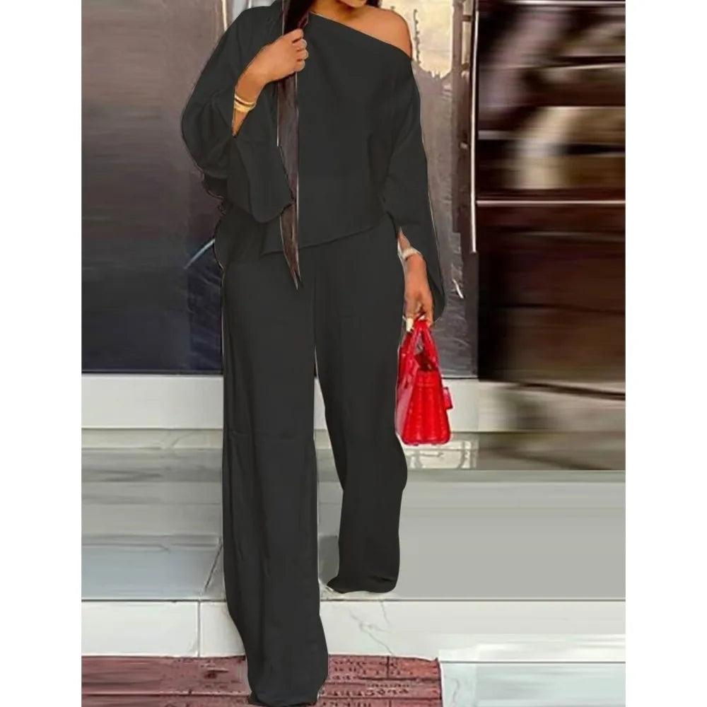 Diagonal Shoulder Wide Leg Trouser 2 piece Set