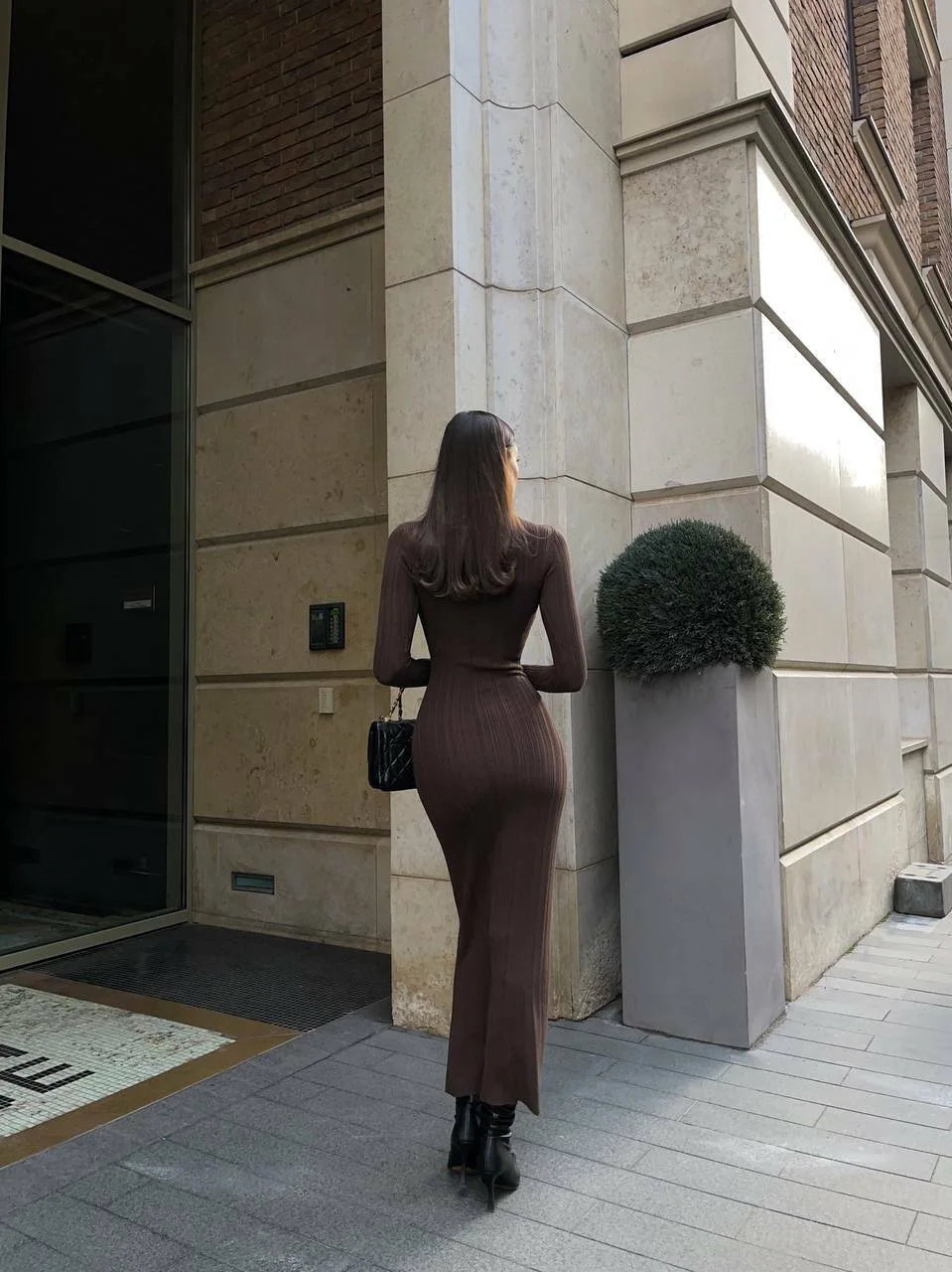 Slim Long-Sleeved Striped Turtleneck Knitted Dress
