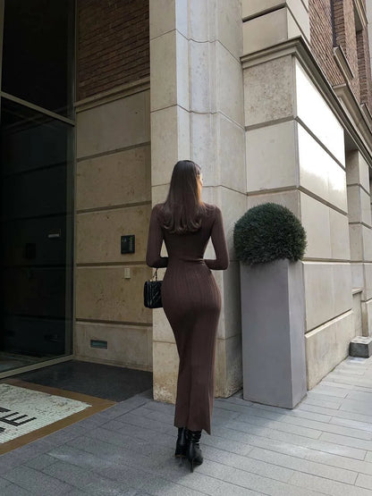 Slim Long-Sleeved Striped Turtleneck Knitted Dress