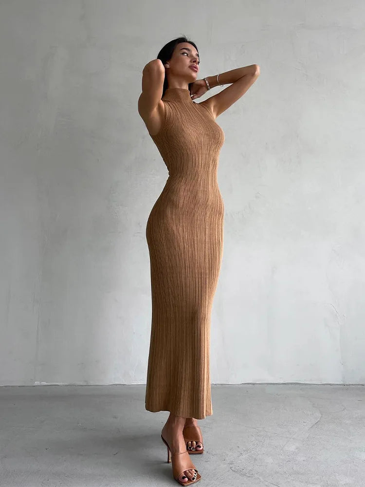 Sleeveless Ribbed Knit Turtleneck Maxi Dress