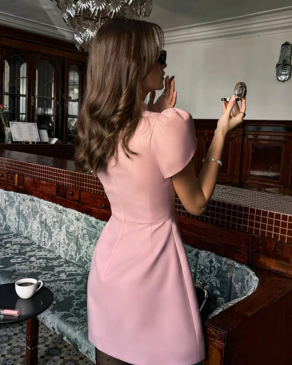 Elegant Stand Collar Puff Sleeves High Waist Dress