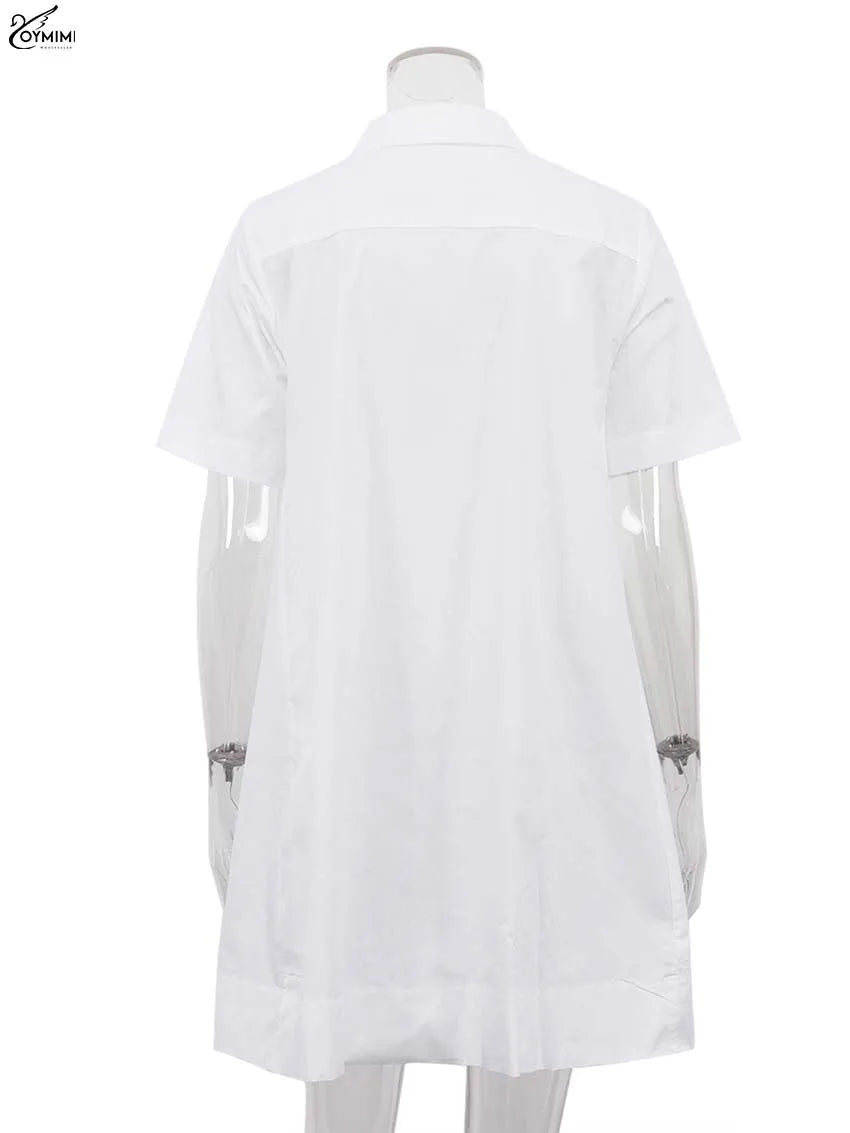 White Turn-Down Collar Half Sleeve Button Dress