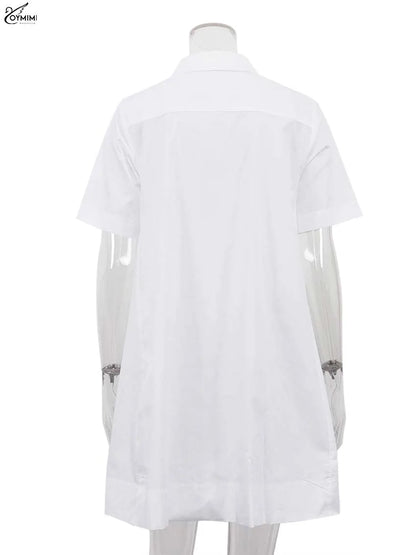 White Turn-Down Collar Half Sleeve Button Dress