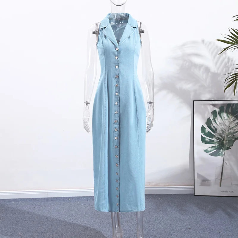 Sleeveless Denim Collared Maxi Dress
